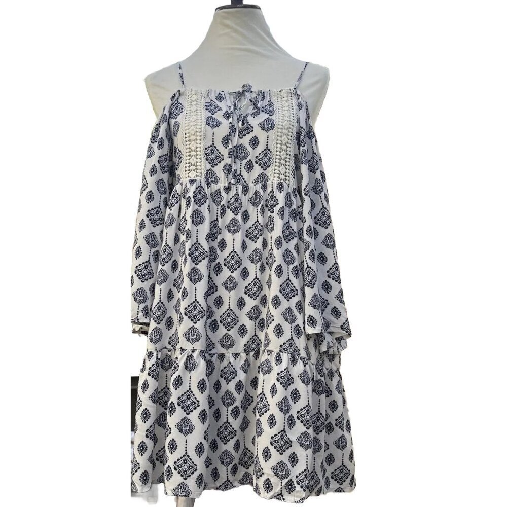 Glamorous Tile Print Cold Shoulder Mini Dress Size Small Lace Insert - Picture 14 of 14